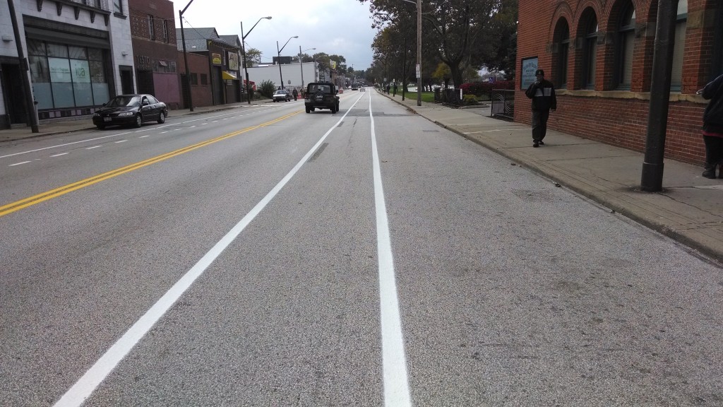 Detroit bike lane prior to bike symbol installation.
